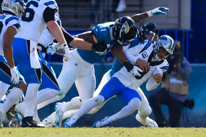 Carolina Panthers quarterback Bryce Young (9) is sacked by Jacksonville Jaguars linebackers Travon Walker (44) linebacker Josh Allen (41). © Corey Perrine/Florida Times-Union / USA TODAY NETWORK